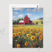 Carte Postale Peinture rustique de la grange et du tournesol (Devant / Derrière)