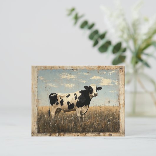 Carte Postale Peinture rustique d'une vache dans une prairie écl (Debout devant)