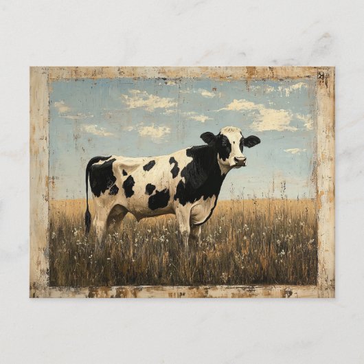 Carte Postale Peinture rustique d'une vache dans une prairie écl (Devant)
