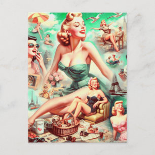 Carte Postale Peinture vintage à l'huile Collage Pin Up