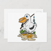 Carte Postale Pélican en pêcheur avec canne à pêche et poisson (Devant / Derrière)