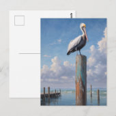 Carte Postale Pélican sur un poteau à quai patiné (Devant / Derrière)
