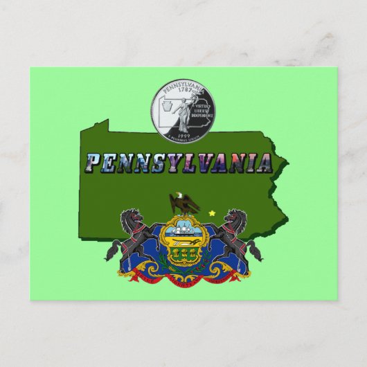 Carte Postale Pennsylvanie Carte, trimestre, drapeau et texte de (Devant)
