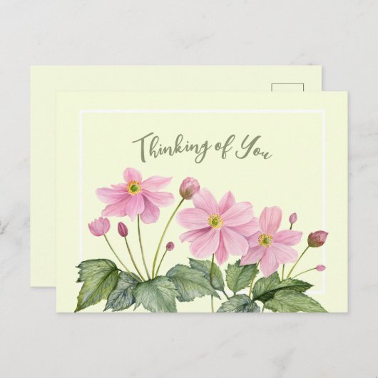 Carte Postale Penser à vous aquarelle rose japonais anémone (Devant / Derrière)