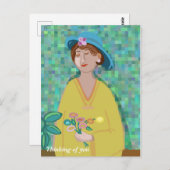 Carte Postale Penser à vous Art Moderne Femme dans une robe jaun (Devant / Derrière)