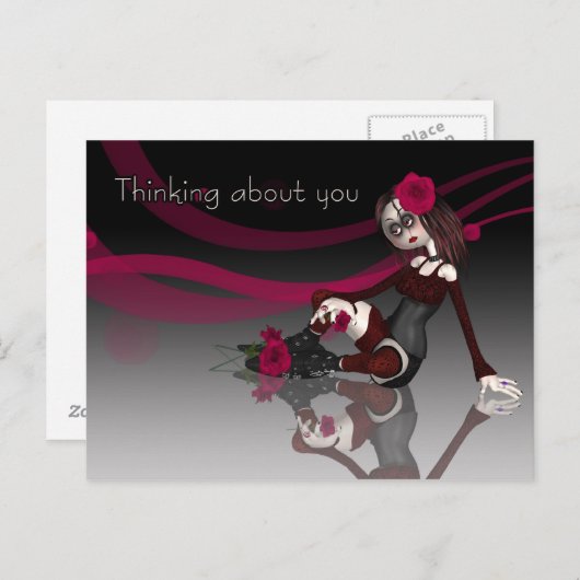 Carte Postale Penser À Vous - Poupée Gothique En Sac Avec Roses (Devant / Derrière)