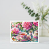 Carte Postale Peoné et Teacup rose Tea Party Floral (Debout devant)