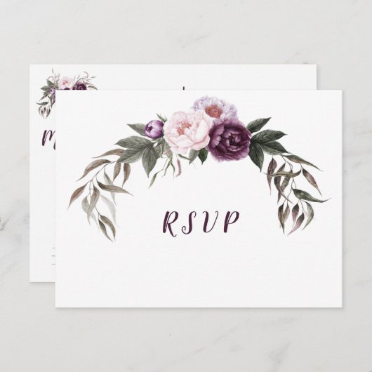 Carte Postale Peonies rose prune violette mariage RSVP (Devant / Derrière)