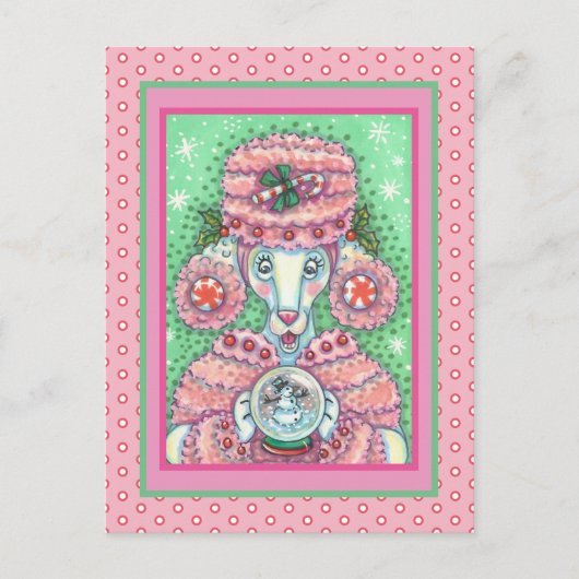 CARTE POSTALE PEPPERMINT PINK POODON ET SNOWGLOBE SNOWMAN (Devant)