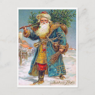 Carte Postale Père Noël apportant un sapin de Noël, vintage