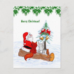 Carte Postale Père Noël avec Renard de lapin et écureuil