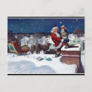 Carte Postale père Noël avec traîneau plein de livres, peinture 