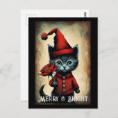Carte Postale Père Noël Black Cute Kitty Flower Noël (Devant / Derrière)