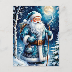 Carte Postale Père Noël bleu marchant à travers une forêt enneig
