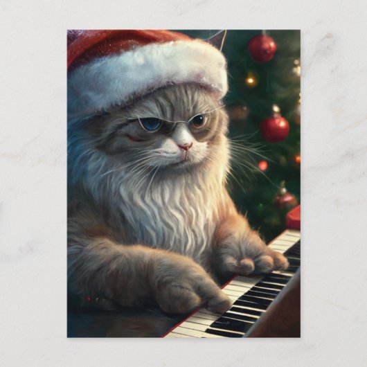 Carte Postale Père Noël Cat Joue Piano (Devant)