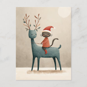 Carte Postale Père Noël Cat Riding Reindeer Aquarelle Noël