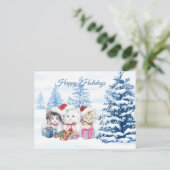 Carte Postale père Noël chatons, pins Noël (Debout devant)