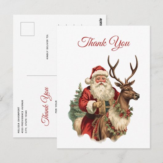 Carte Postale Père Noël classique à cheval sur un renne Merci (Devant / Derrière)