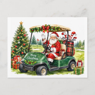 Carte Postale Père Noël conduisant un chariot de golf Noël Golf
