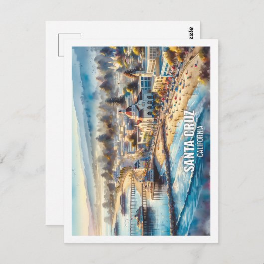 Carte Postale Père Noël Cruz California USA Famous Place aquarel (Devant / Derrière)