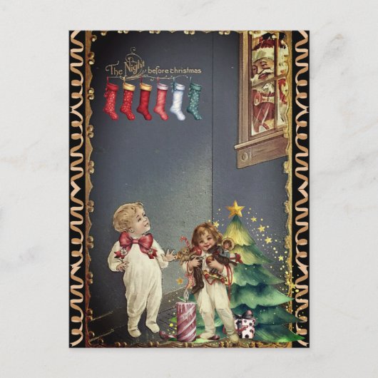 Carte Postale Père Noël dans Windows Enfants Nuit avant Noël (Devant)