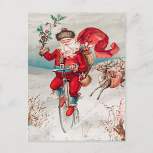 Carte Postale Père Noël de Noël vintage bicyclette renne