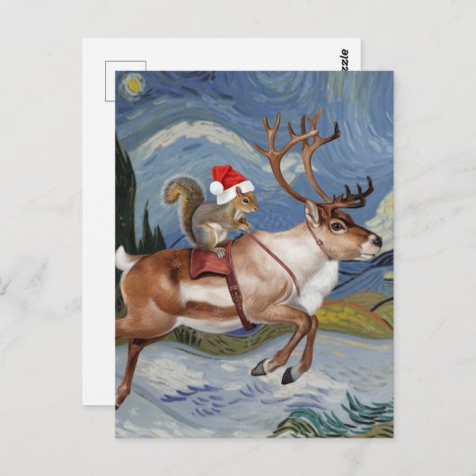Carte Postale Père Noël d'écureuil et Noël des rennes adorables (Devant / Derrière)