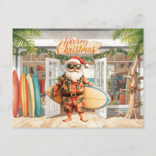 Carte Postale Père Noël d'Hawaii tenant une planche de surf Noël