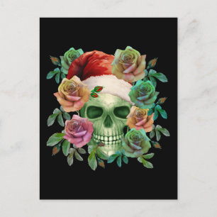 CARTE POSTALE PÈRE NOËL DRÔLE CRÂNE VERT ET FLORAL NOËL 