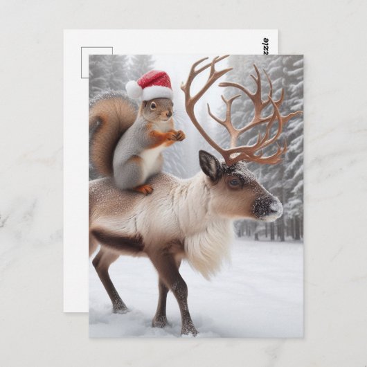Carte Postale Père Noël écureuil adorable et les rennes (Devant / Derrière)
