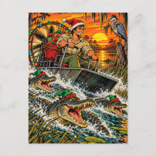 Carte Postale Père Noël en airboat en Floride avec des alligator