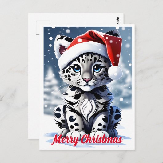 Carte Postale Père Noël enneigé d'hiver Mignon Léopard des neige (Devant / Derrière)