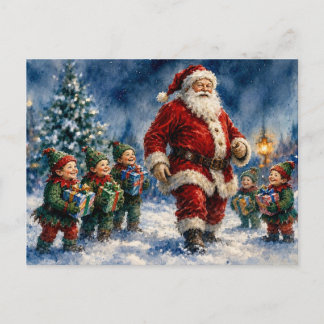 Carte Postale Père Noël et joyeux elfes de Noël,