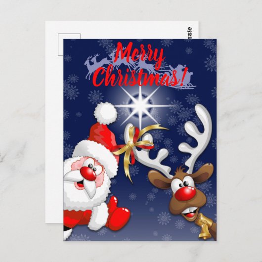 Carte Postale Père Noël et Reindeer Joyeux Noël Joyeux dessin an (Devant / Derrière)