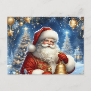 Carte Postale Père Noël et sapin de Noël, bleu et or