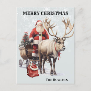 Carte Postale Père Noël et traîneau de rennes à l'aquarelle vint
