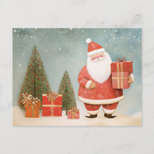 Carte Postale Père Noël fantaisiste avec sapin de Noël et cadeau