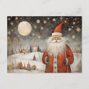 Carte Postale Père Noël fantaisiste joyeux dans un village ennei