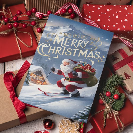 Carte Postale Père Noël festif glisse dans la pente enneigée