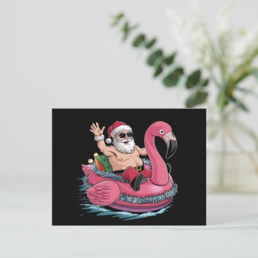 Carte Postale Père Noël Flamant rose Floatie Noël En Juillet Été (Debout devant)