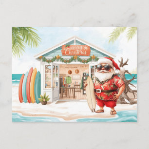 Carte Postale Père Noël Hawaïen tenant une planche de surf Noël