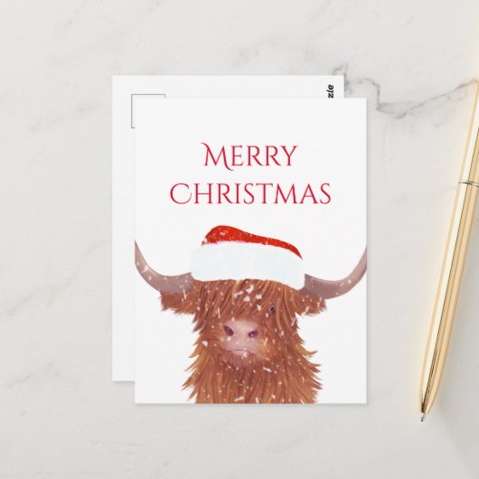 Carte Postale Père Noël Orange Highland Cow Joyeux Noël (Devant/Arrière en situation)