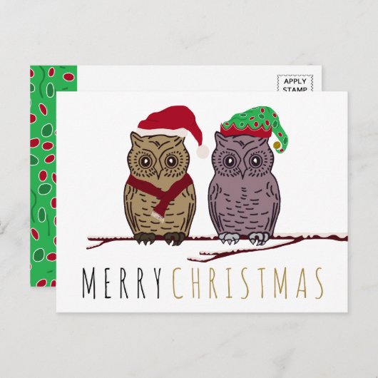 Carte postale père Noël Owl et Elf Owl Holiday (Devant / Derrière)
