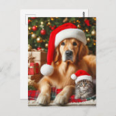 Carte Postale Père Noël Pets Golden Retriever et Kitten Christma (Devant / Derrière)
