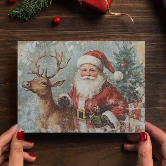 Carte Postale Père Noël Reindeer Vintage Decoupage Noël