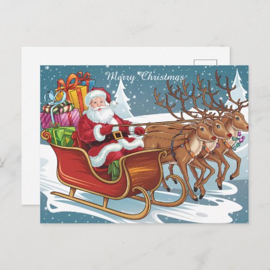 Carte Postale Père Noël Sleigh Ride Cadeaux de Noël et rennes (Devant / Derrière)