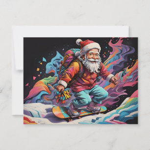 Carte Postale Père Noël snowboard couleurs psychédéliques