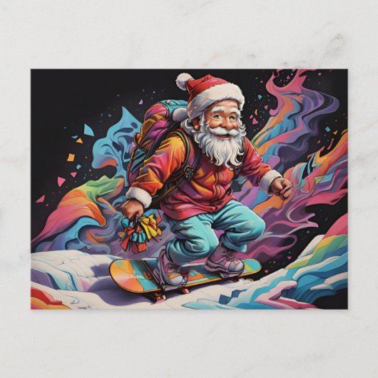 Carte Postale Père Noël snowboard couleurs psychédéliques (Devant)