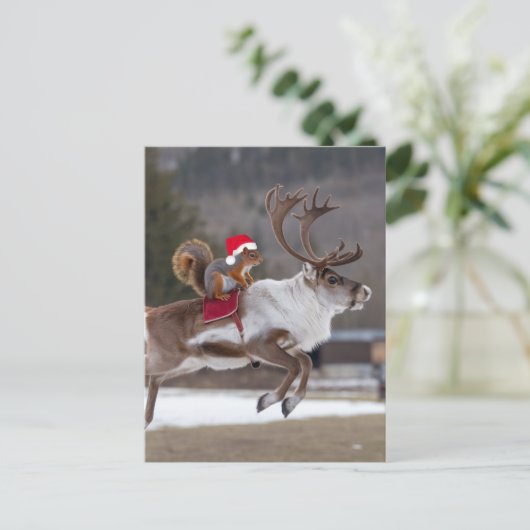 Carte Postale Père Noël Squirrel équitation d'un renne (Debout devant)