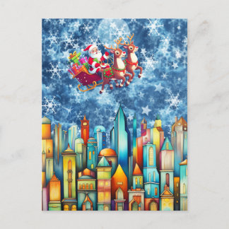 CARTE POSTALE PÈRE NOËL SUR LA VILLE